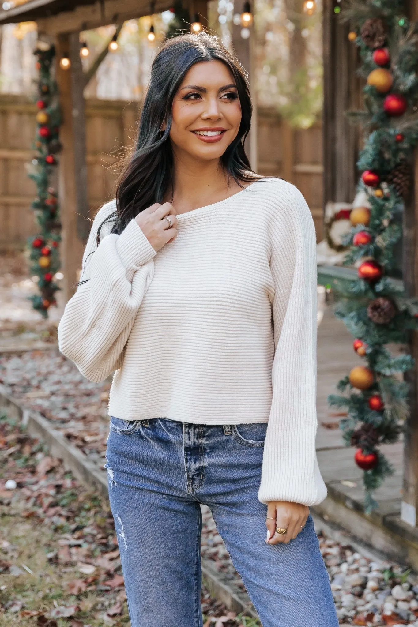 Avery Ribbed Boat Neck Sweater - Beige