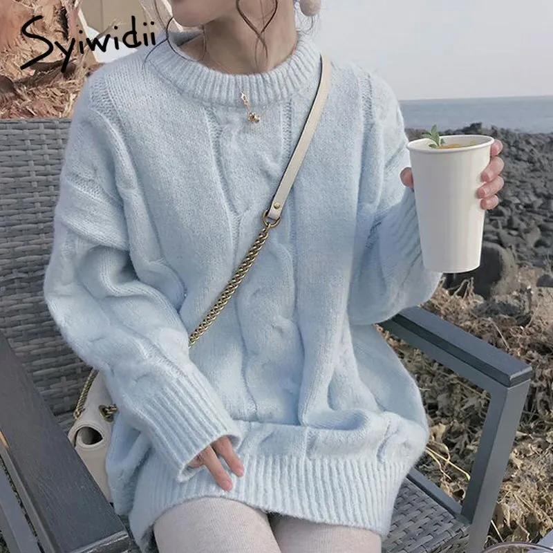 Back to College Joskaa mohair oversize sweater women ribbed knitted pullovers loose solid warm sweet winter clothes women beige pink blue 2020