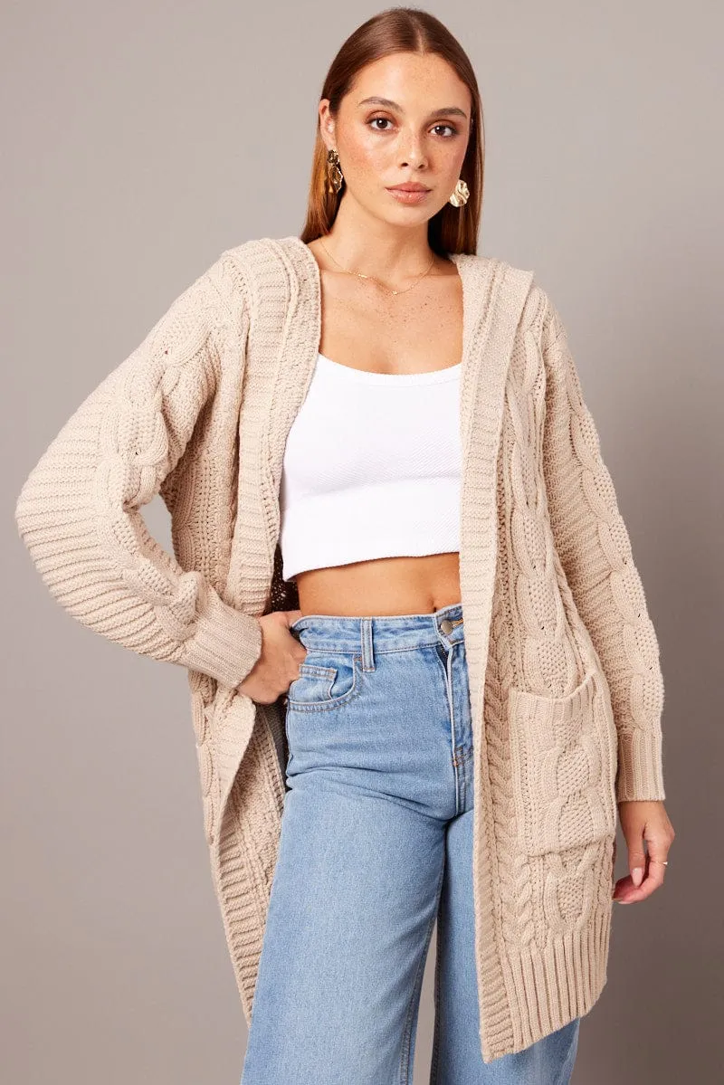 Beige Longline Cardigan Long Sleeve Hooded Cable Knit