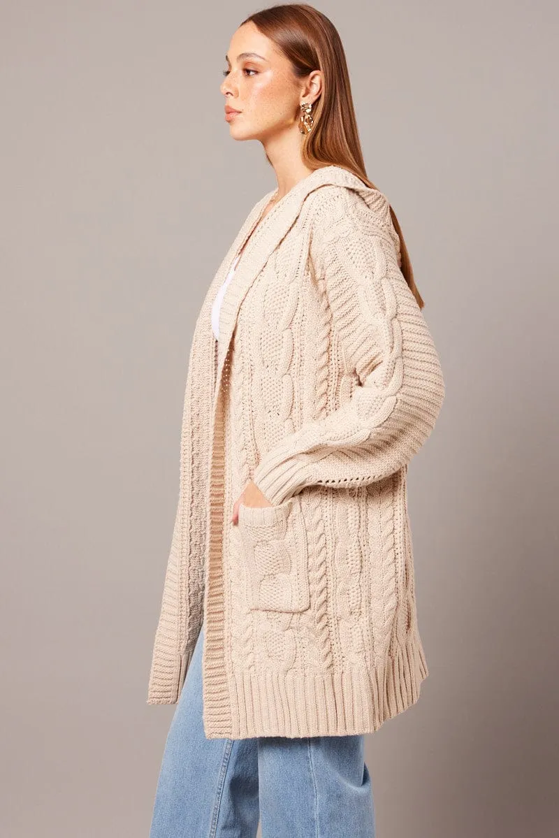 Beige Longline Cardigan Long Sleeve Hooded Cable Knit