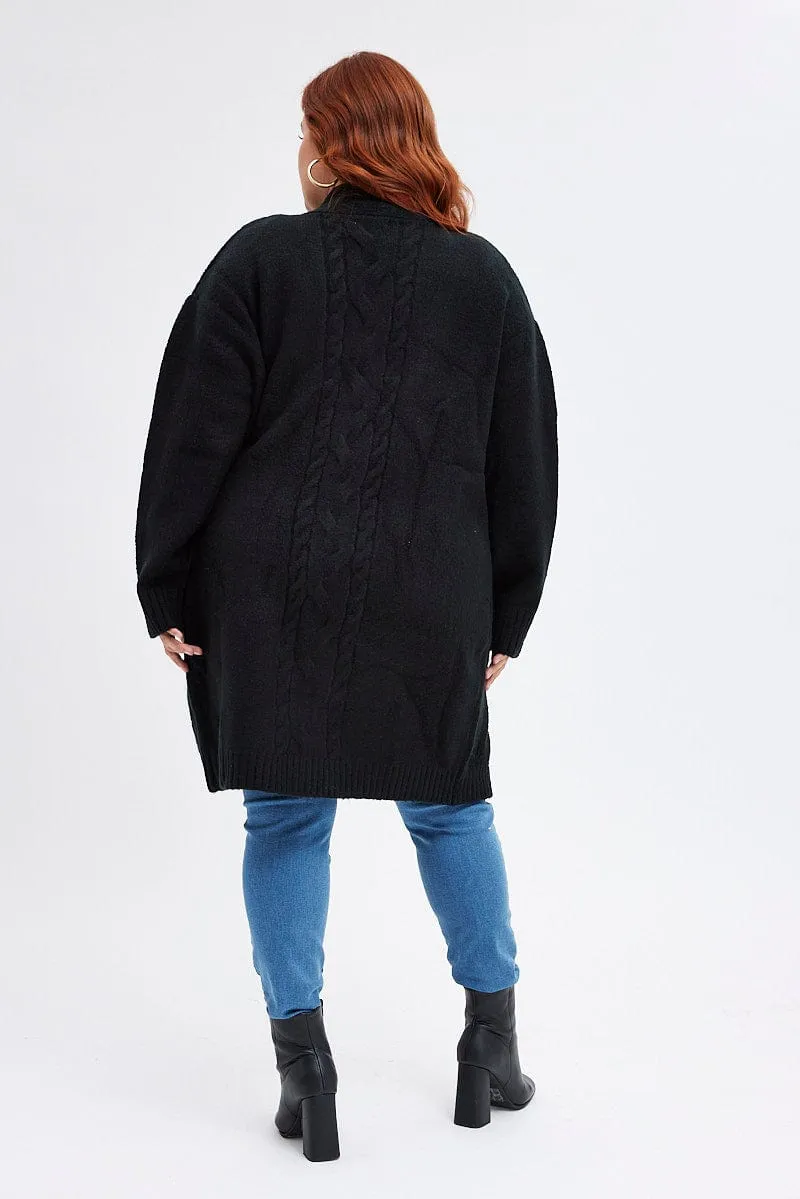 Black Longline Cable Knit Cardigan