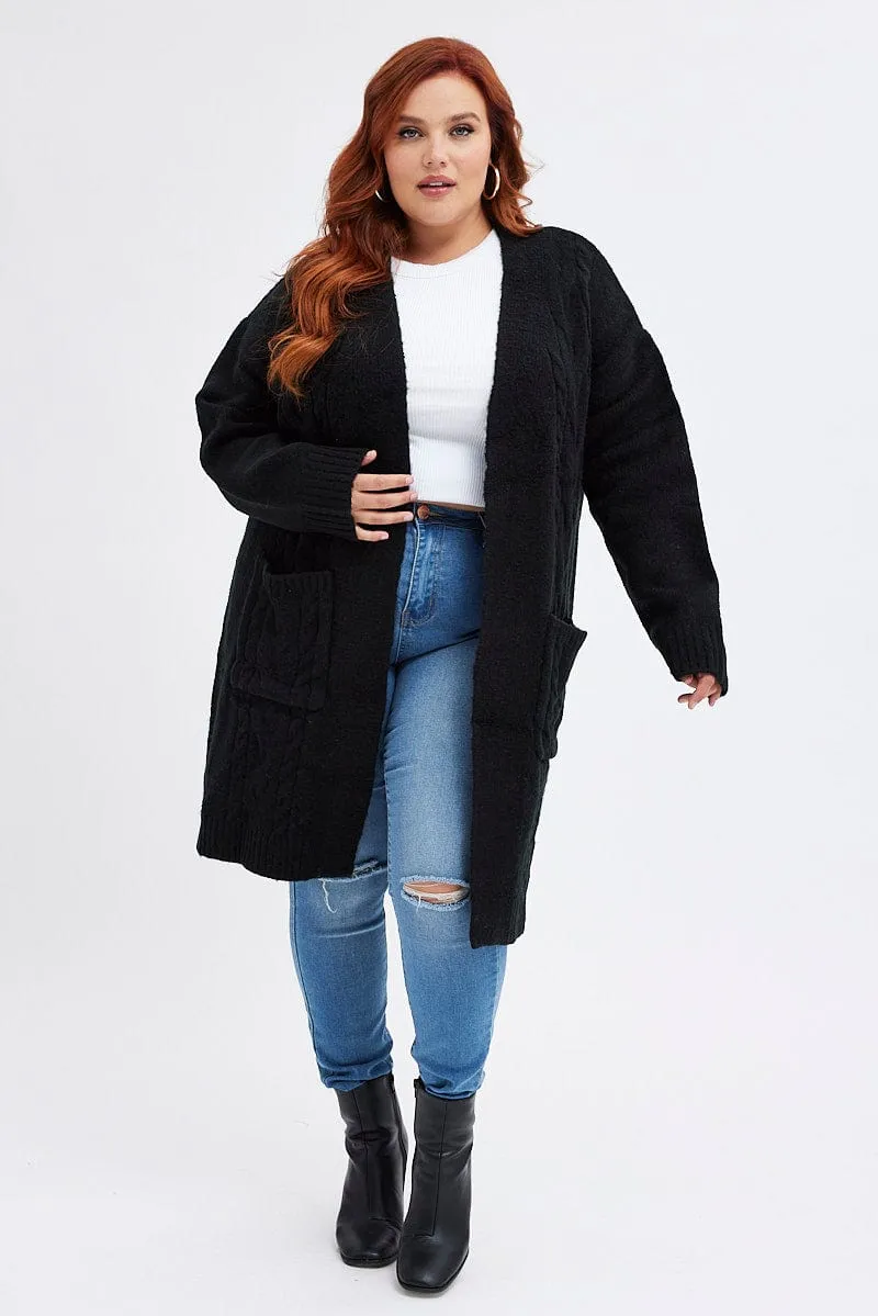 Black Longline Cable Knit Cardigan