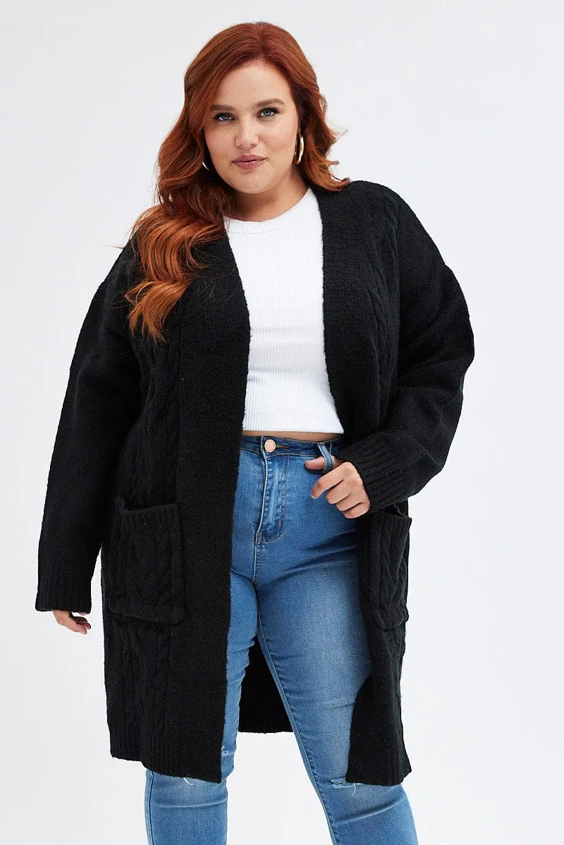 Black Longline Cable Knit Cardigan