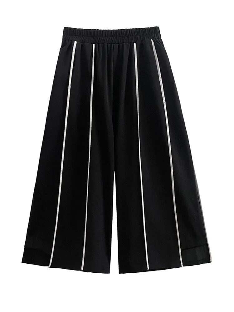 Black Striped Long Wide Leg Pants