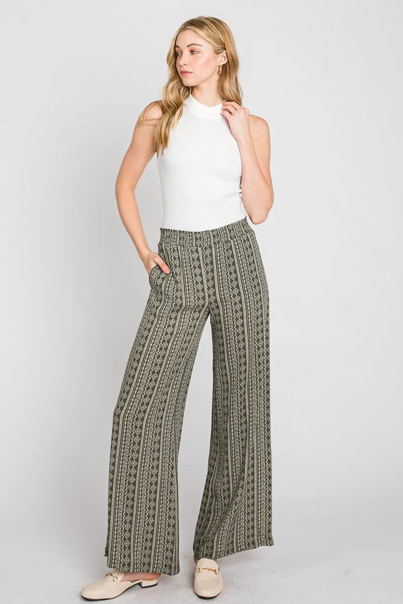 Boho print wide leg pants with elastic waistband