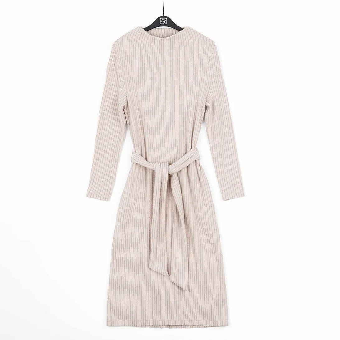 Chunky Ribbed - Tie Waist Pocket Midi Sweater Dress - Sand - Final Sale!