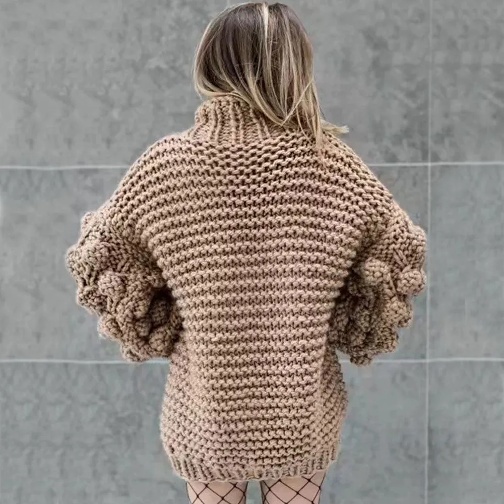 Cozy Funnel Neck Popcorn Detail Balloon Sleeve Chunky Knit Sweater