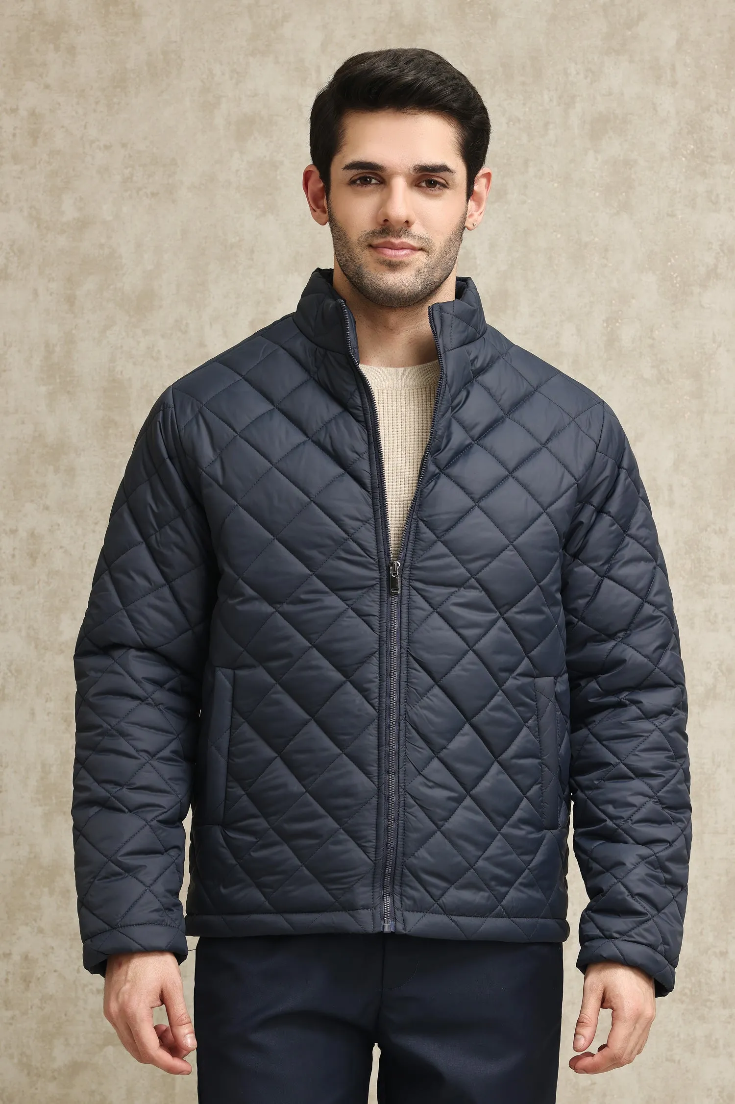 DIAMOND-STITCH INSULATED PUFFER JACKET-NAVY