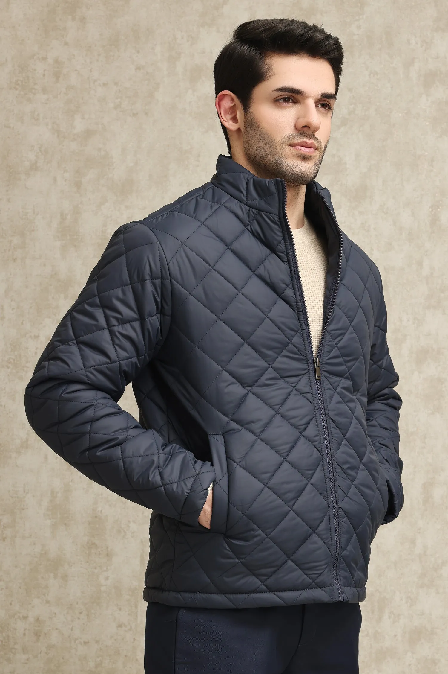 DIAMOND-STITCH INSULATED PUFFER JACKET-NAVY