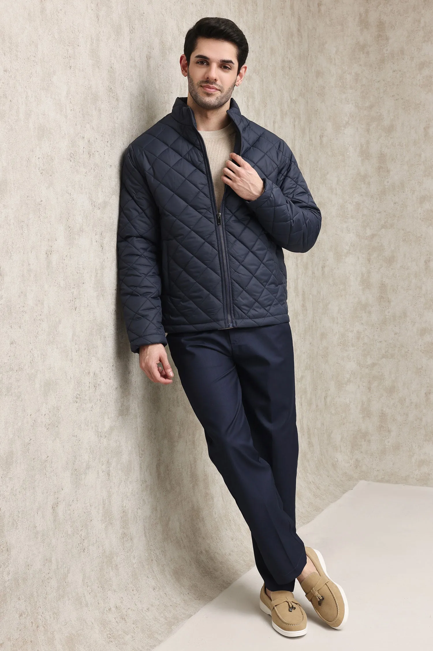 DIAMOND-STITCH INSULATED PUFFER JACKET-NAVY