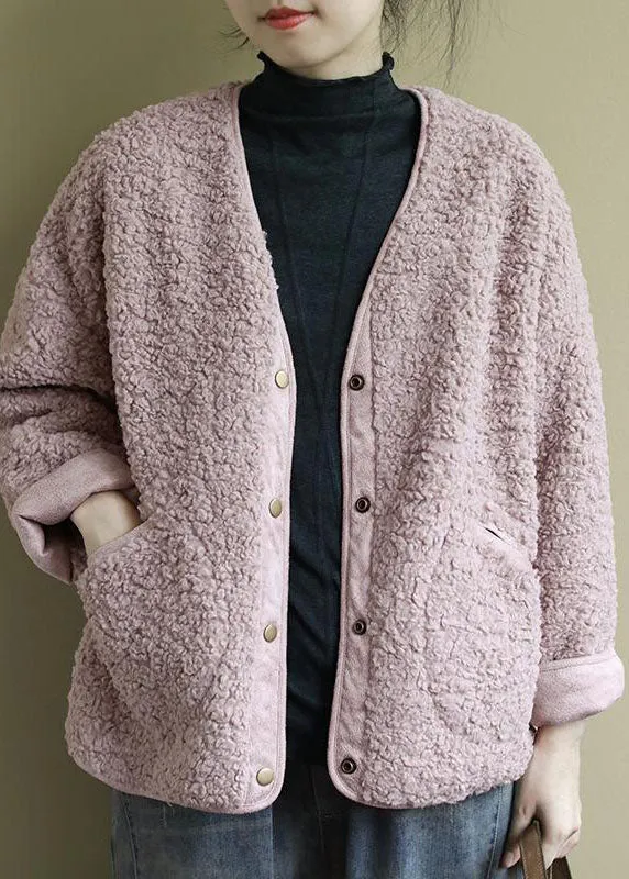 Fashion Pink Pockets Button Casual Fall Winter Thick Coats Long sleeve