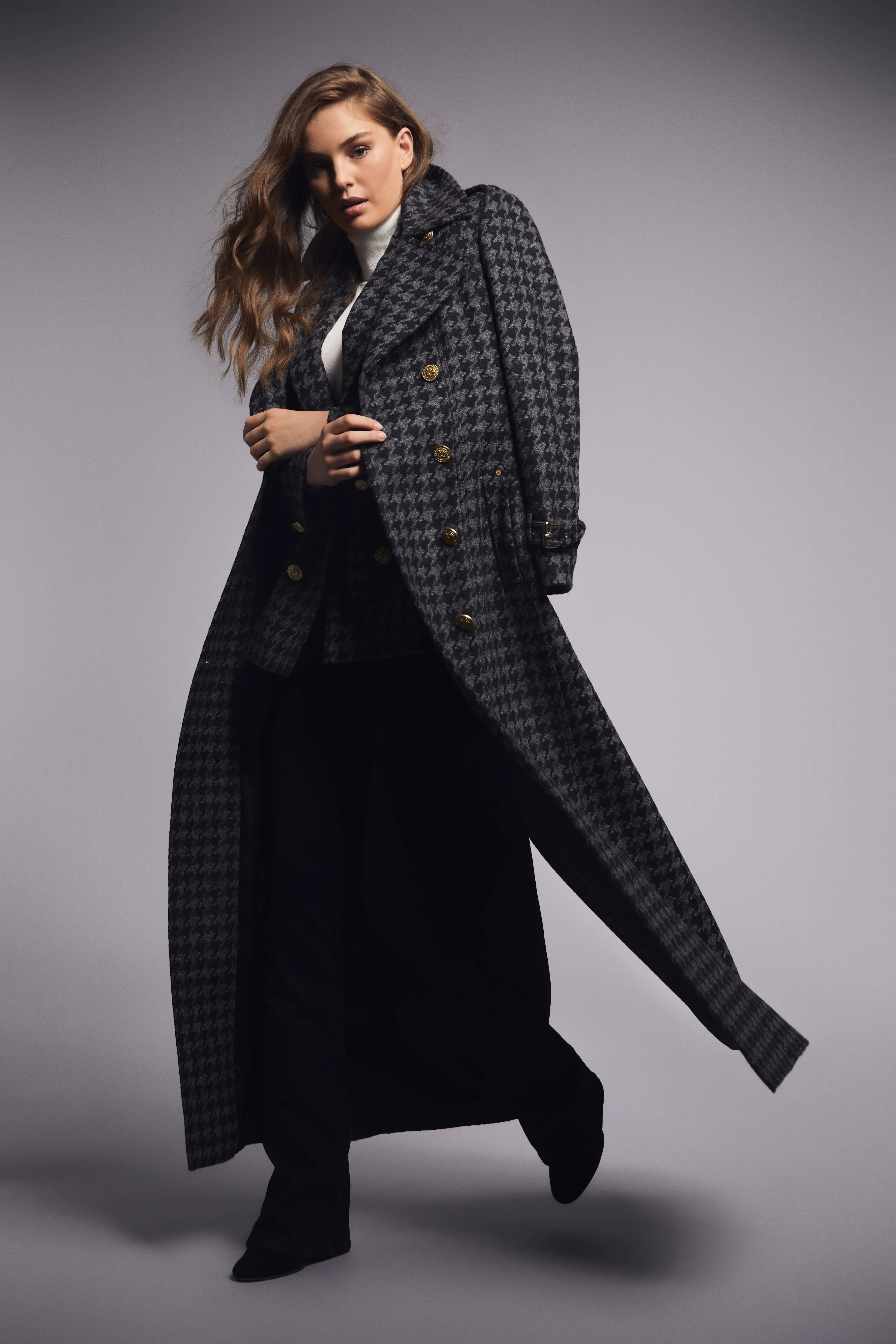 Full Length Chelsea Trench Coat (Large Scale Charcoal Houndstooth)