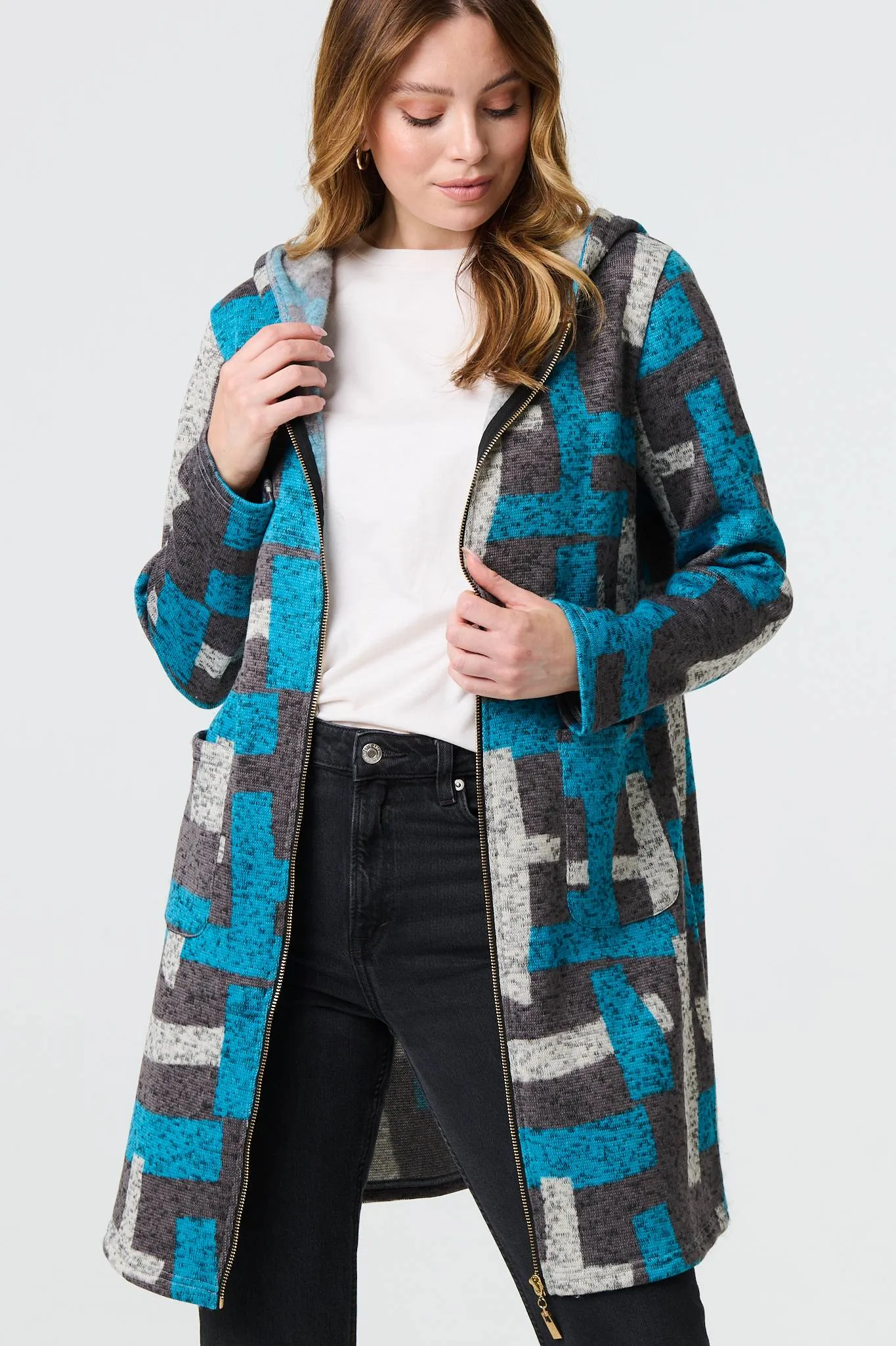 Geo Print Hooded Longline Zip-Up Jacket