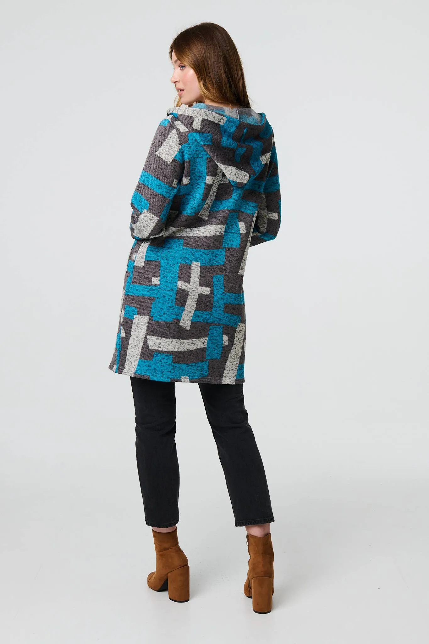 Geo Print Hooded Longline Zip-Up Jacket