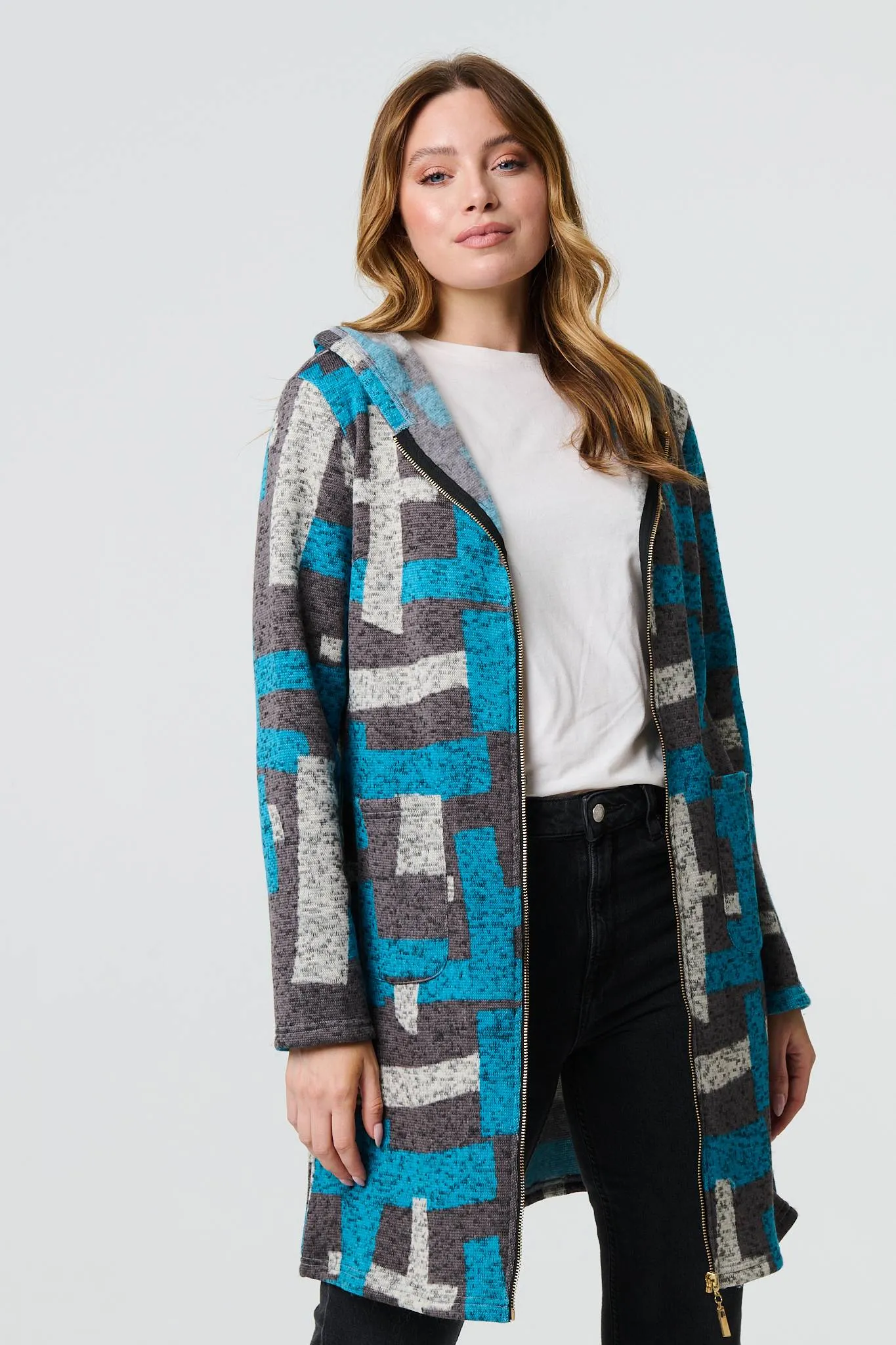 Geo Print Hooded Longline Zip-Up Jacket