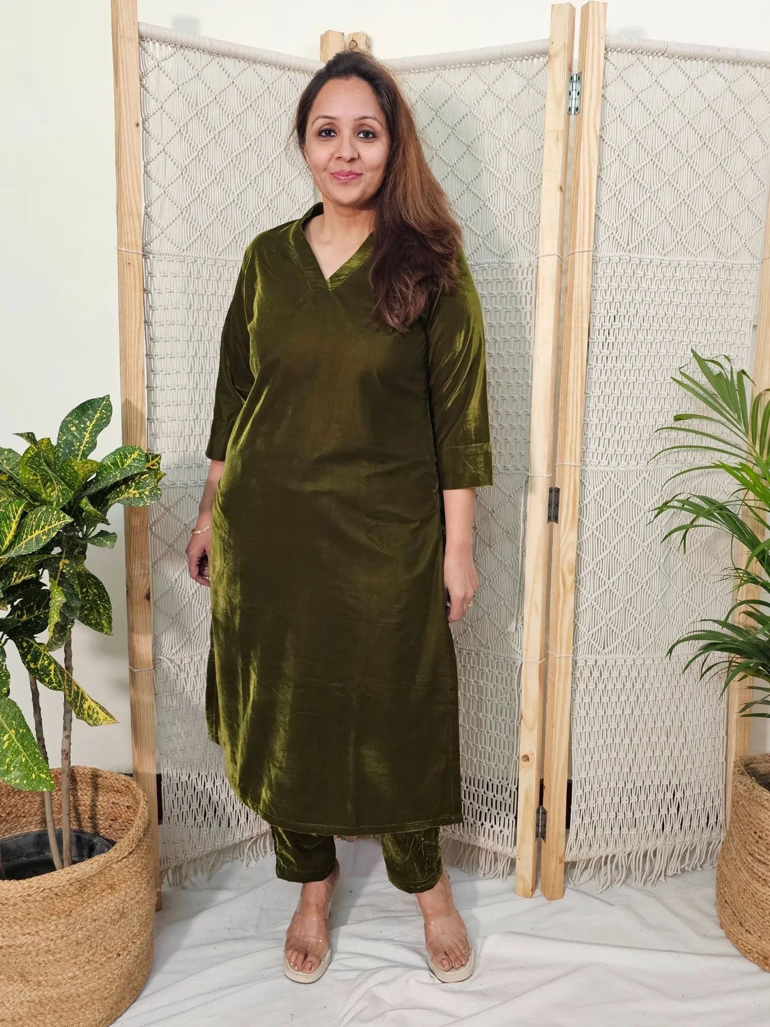 Green Velvet Kurta Set