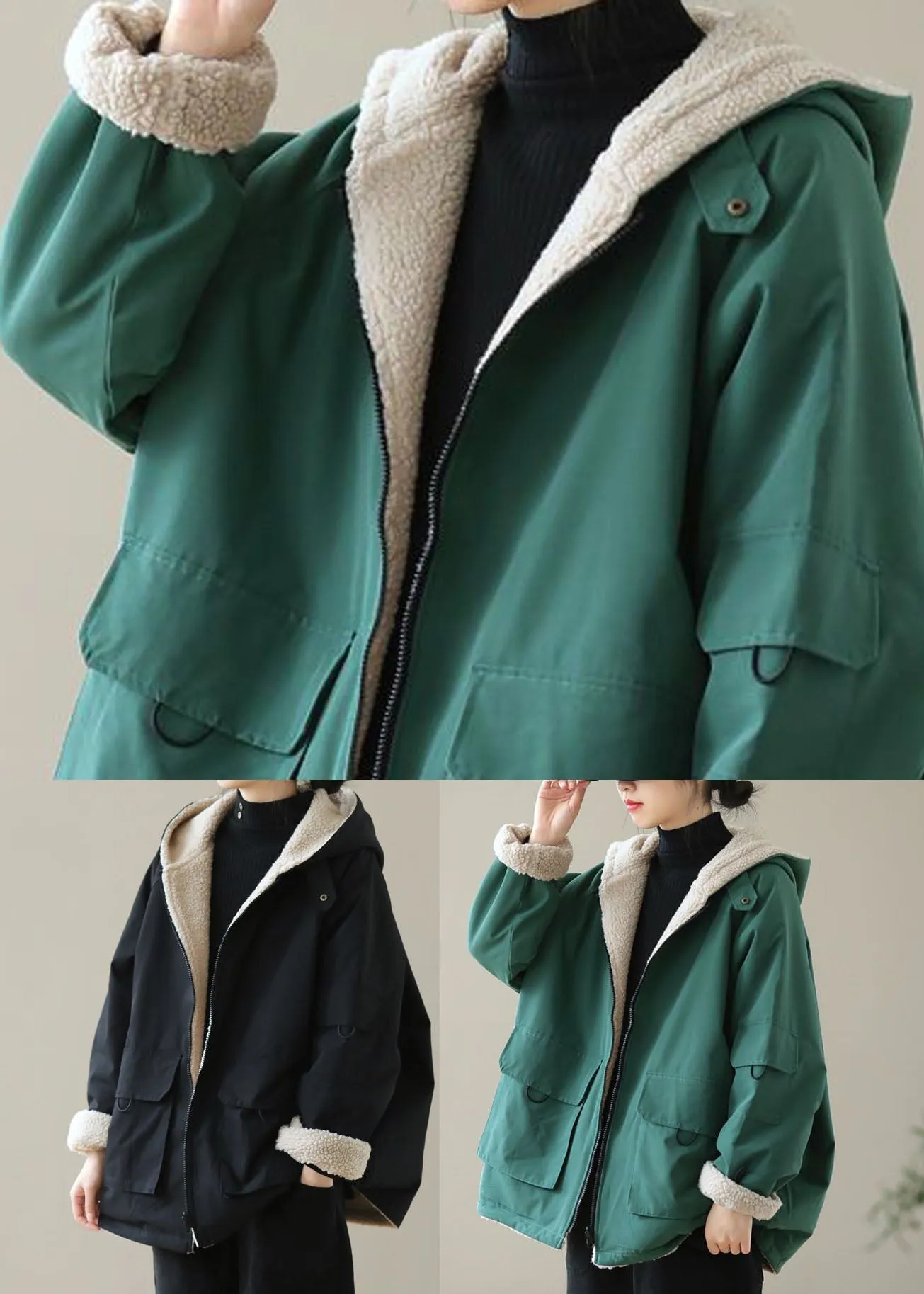 Green Warm Cotton Hooded Loose Coats Fuzzy Wool Lined Zip Up Winter