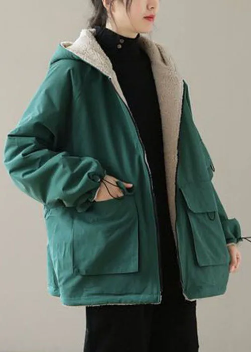 Green Warm Cotton Hooded Loose Coats Fuzzy Wool Lined Zip Up Winter