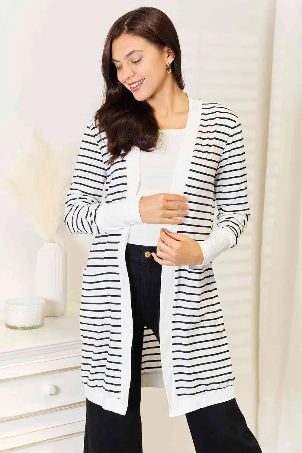 Hazel Blues® |  Double Take Striped Open Front Longline Cardigan