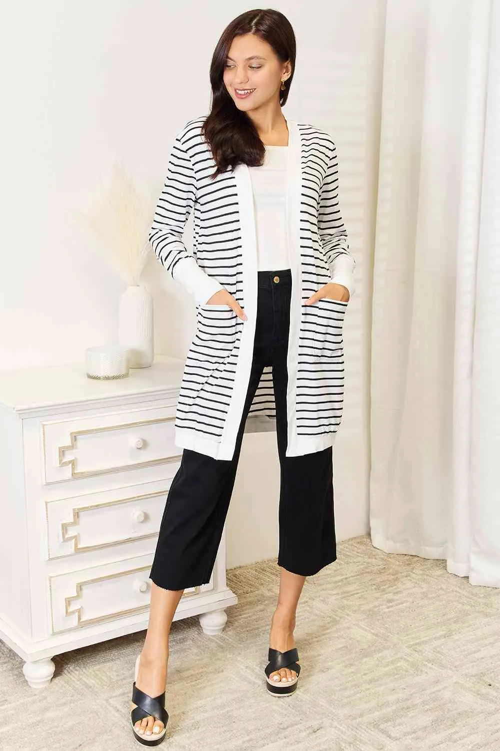 Hazel Blues® |  Double Take Striped Open Front Longline Cardigan