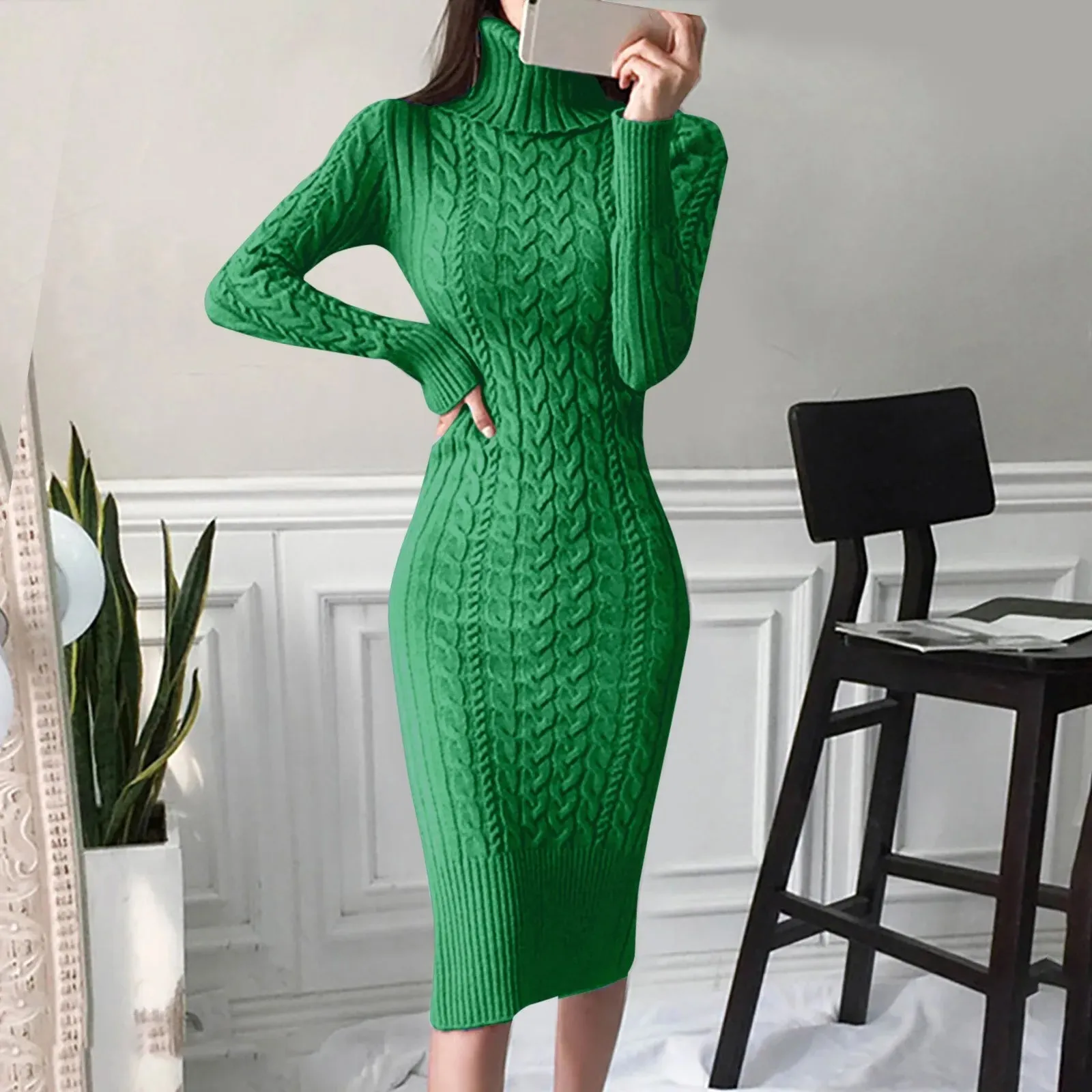 JuliaFashion - Knitted Turtleneck Long Sleeve Sweater Elegant Autumn Winter Slim Bodycon Mid-Length Warm Casual Female Dress