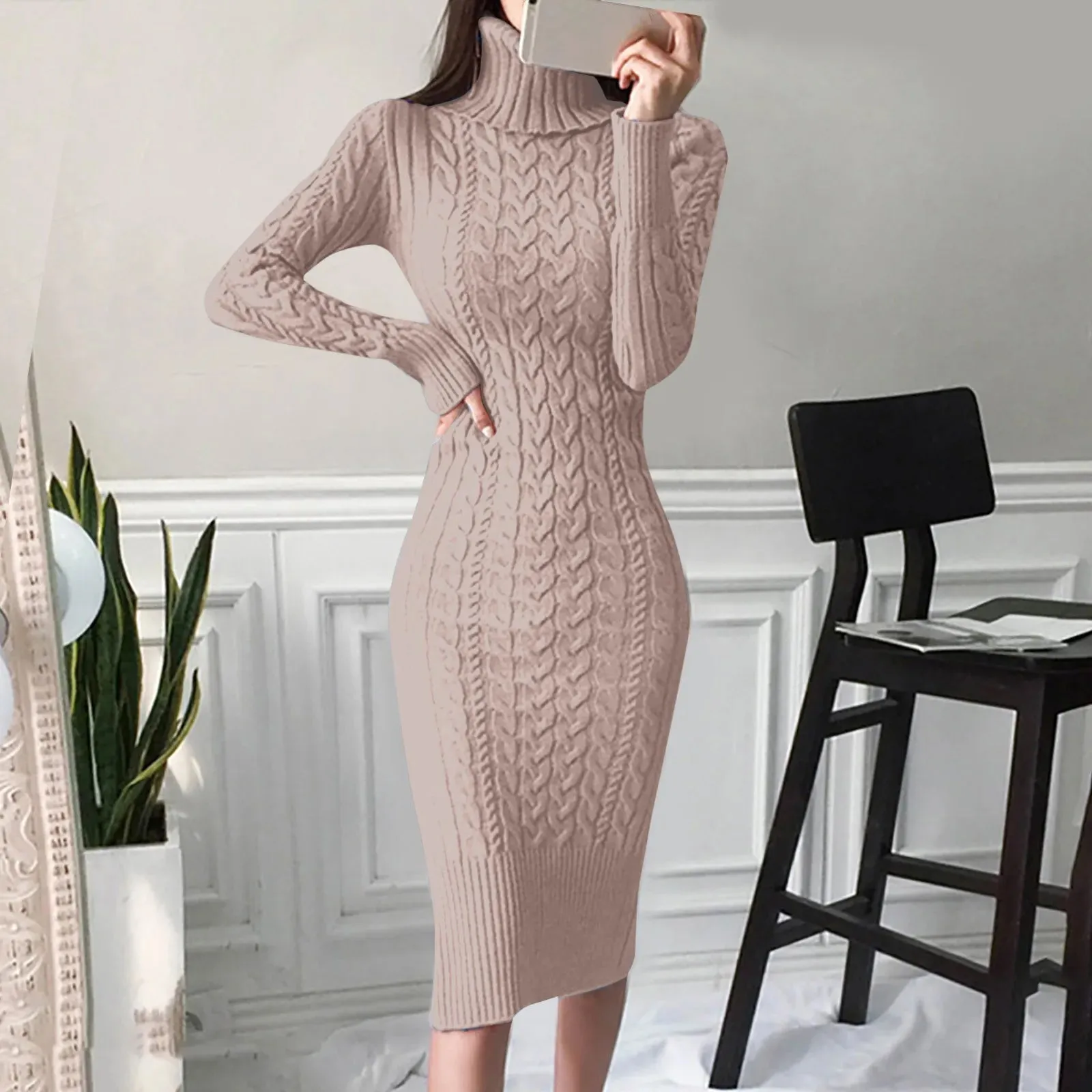 JuliaFashion - Knitted Turtleneck Long Sleeve Sweater Elegant Autumn Winter Slim Bodycon Mid-Length Warm Casual Female Dress