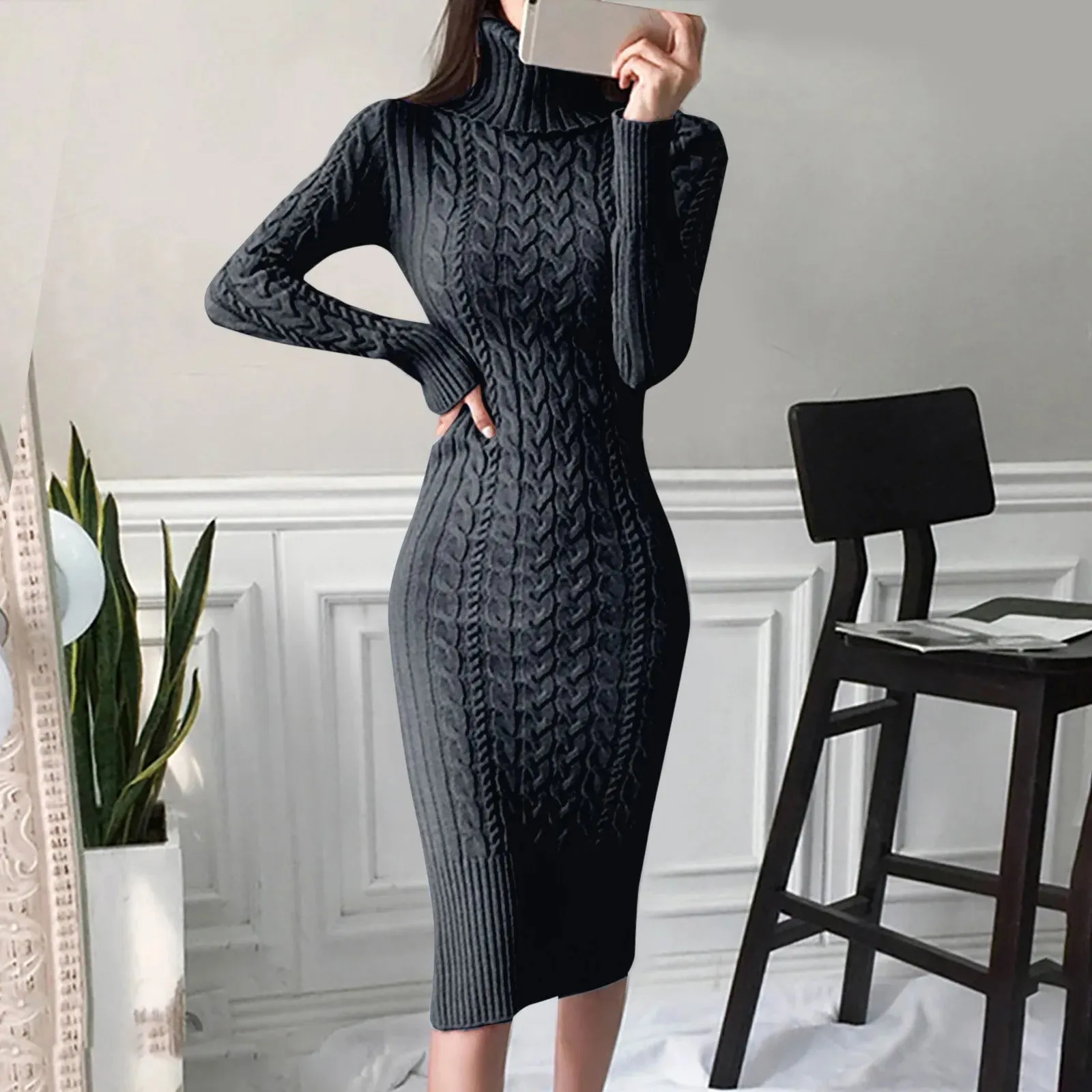 JuliaFashion - Knitted Turtleneck Long Sleeve Sweater Elegant Autumn Winter Slim Bodycon Mid-Length Warm Casual Female Dress