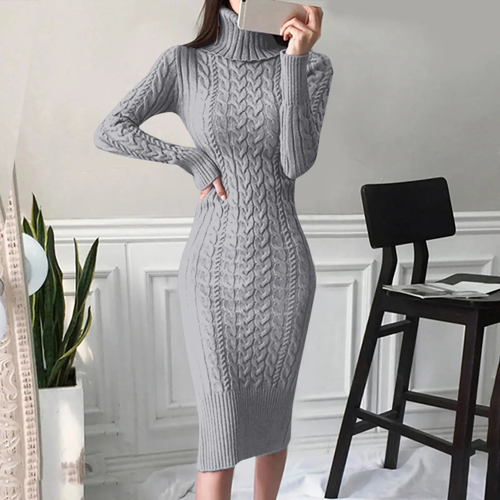 JuliaFashion - Knitted Turtleneck Long Sleeve Sweater Elegant Autumn Winter Slim Bodycon Mid-Length Warm Casual Female Dress