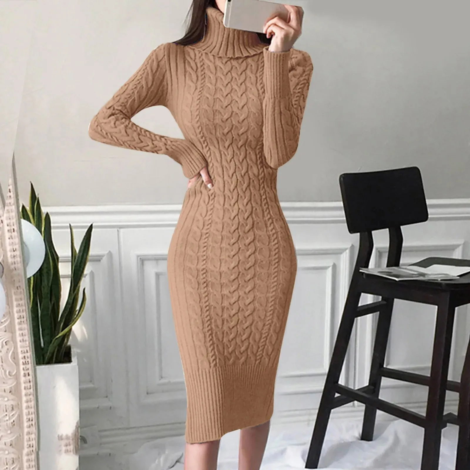 JuliaFashion - Knitted Turtleneck Long Sleeve Sweater Elegant Autumn Winter Slim Bodycon Mid-Length Warm Casual Female Dress