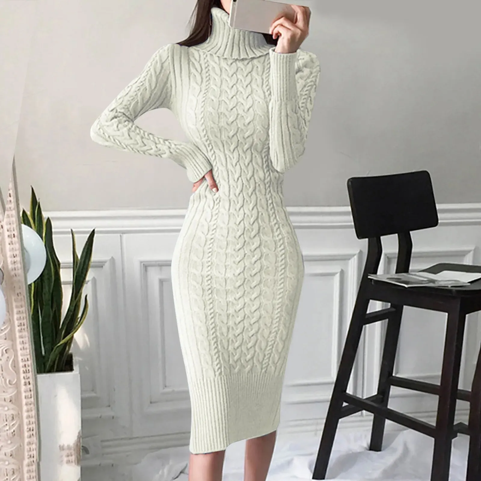 JuliaFashion - Knitted Turtleneck Long Sleeve Sweater Elegant Autumn Winter Slim Bodycon Mid-Length Warm Casual Female Dress