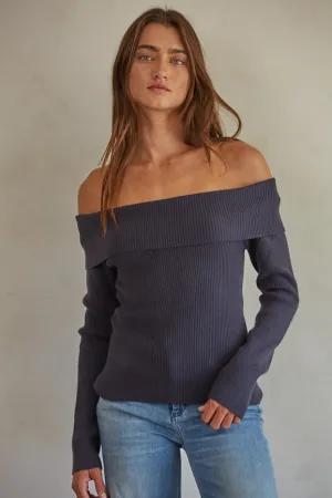 Knit Sweater Ribbed Off Shoulder Pullover  Dark Heather Grey