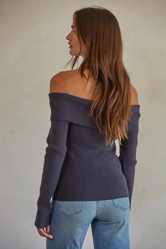 Knit Sweater Ribbed Off Shoulder Pullover  Dark Heather Grey