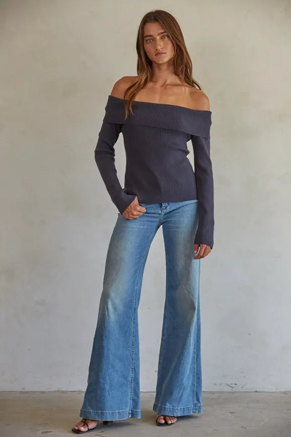 Knit Sweater Ribbed Off Shoulder Pullover  Dark Heather Grey