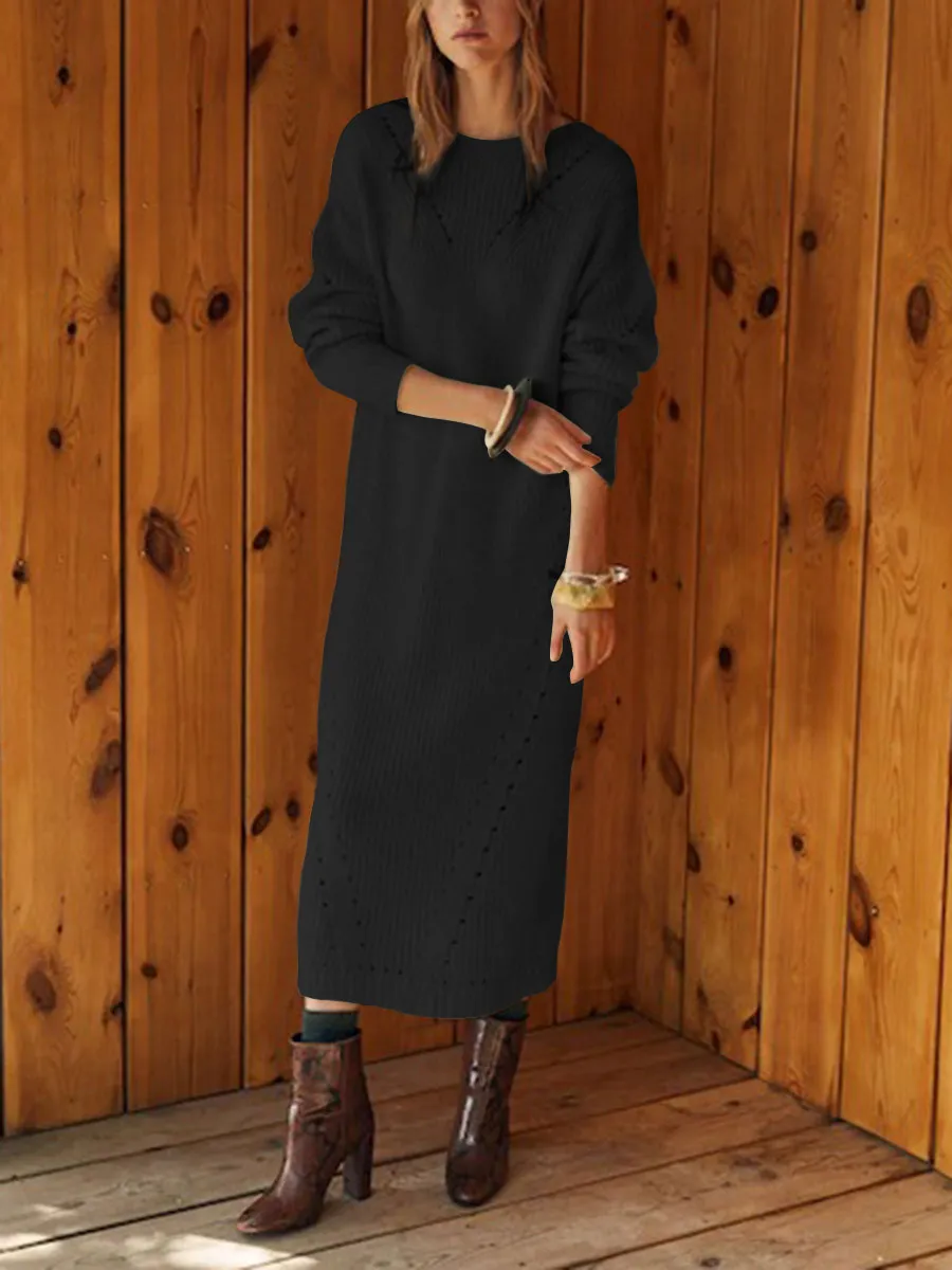 Knitted Warm Solid Color Loose Round Neck Casual Dress