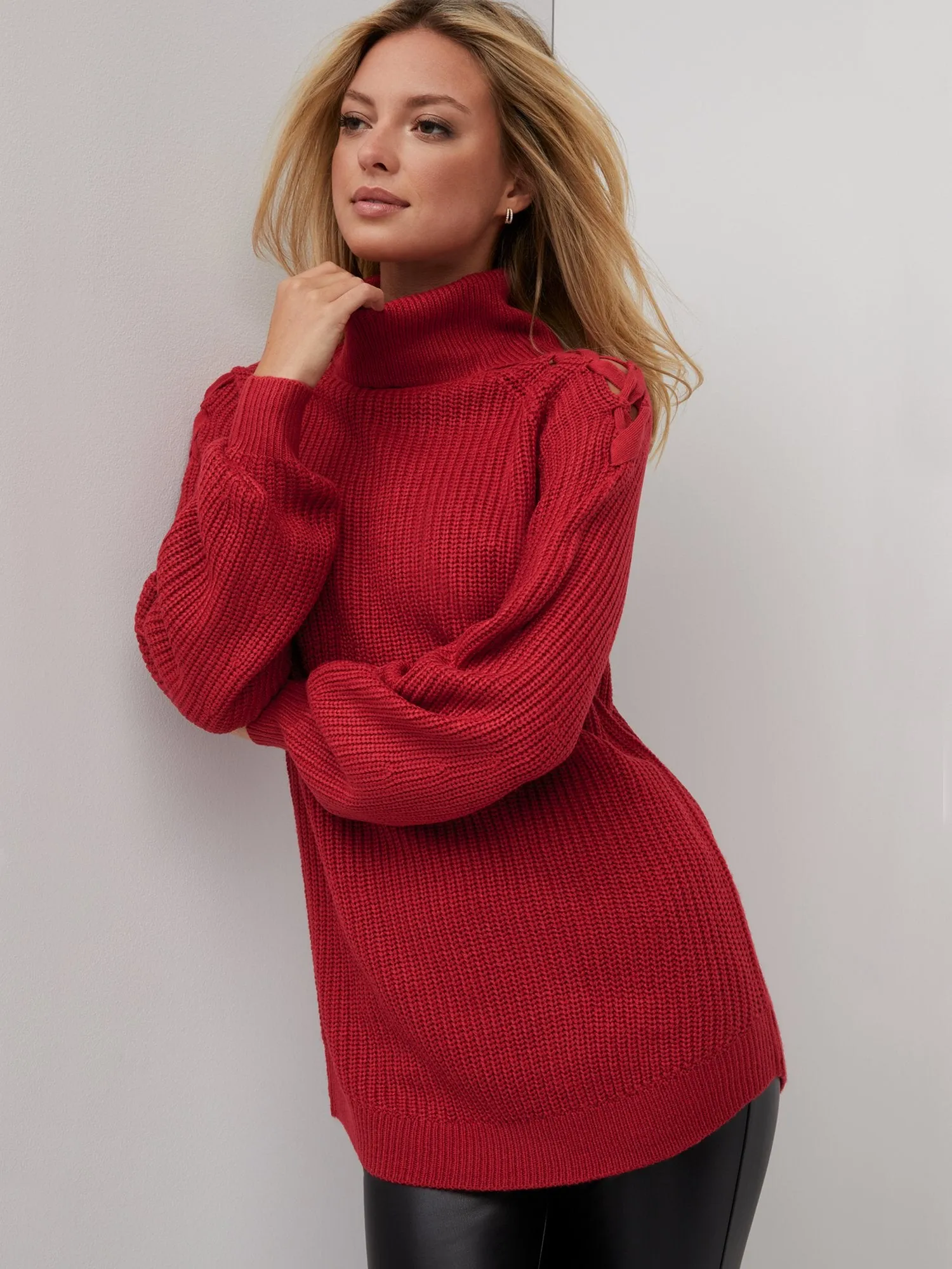 Lattice-Shoulder Turtleneck Tunic Sweater