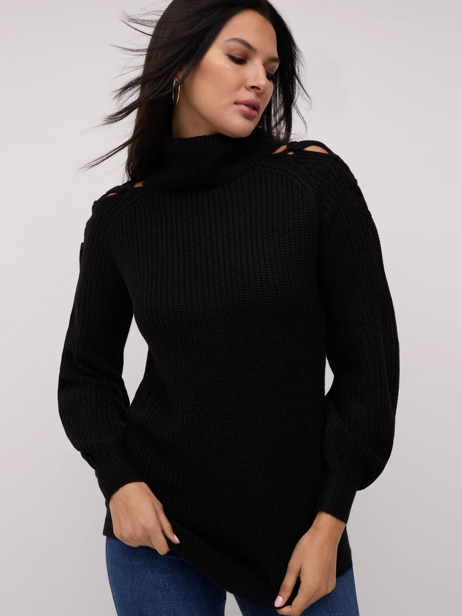 Lattice-Shoulder Turtleneck Tunic Sweater