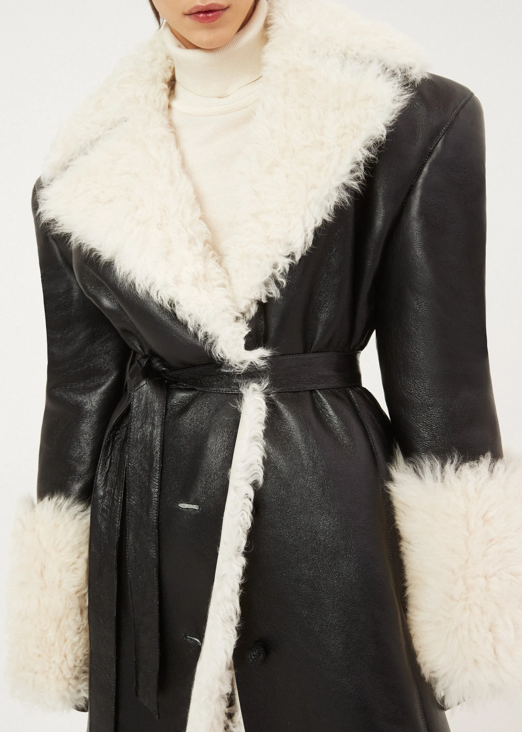 Long belted shearling leather coat in black