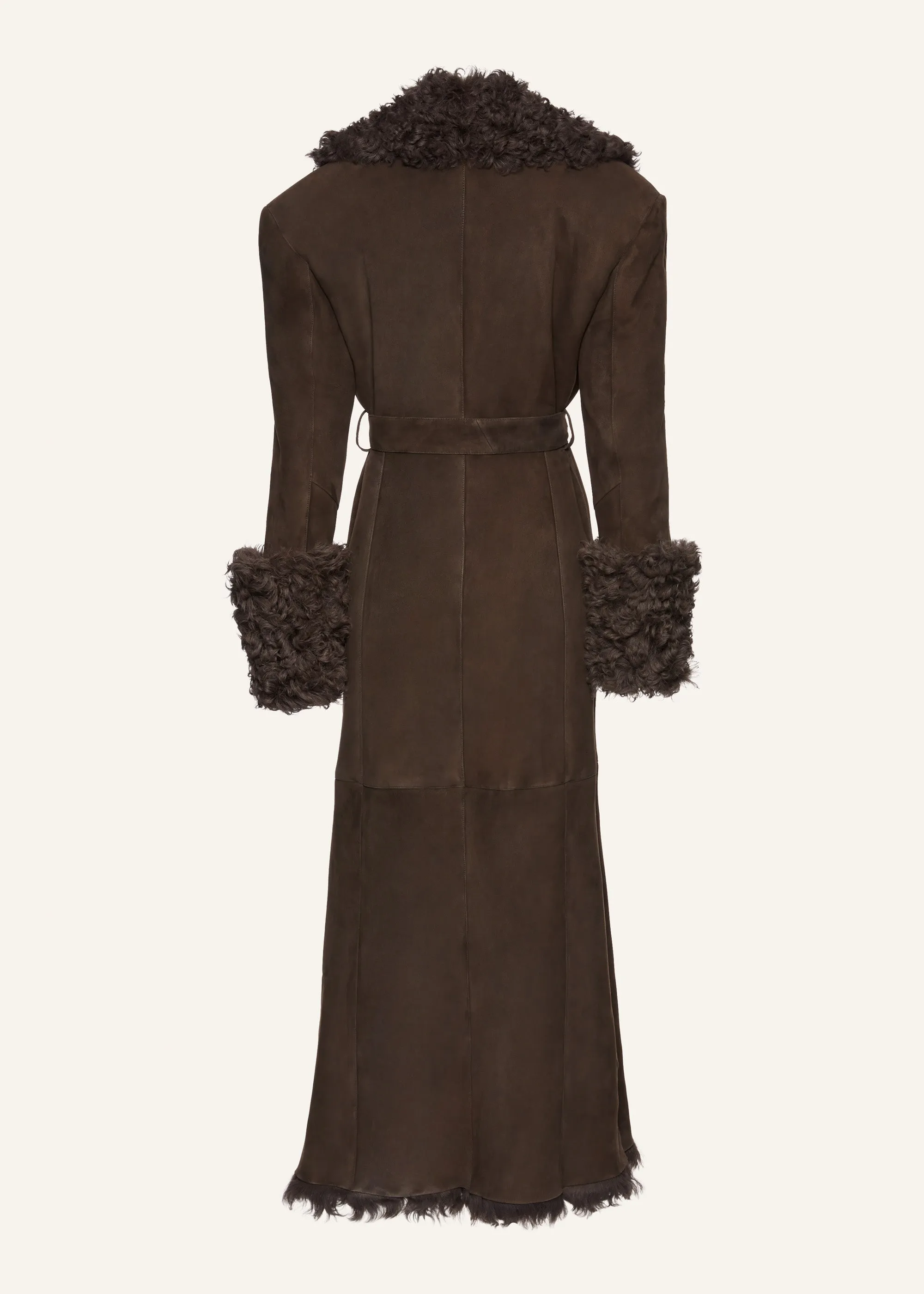 Long belted suede shearling coat in brown