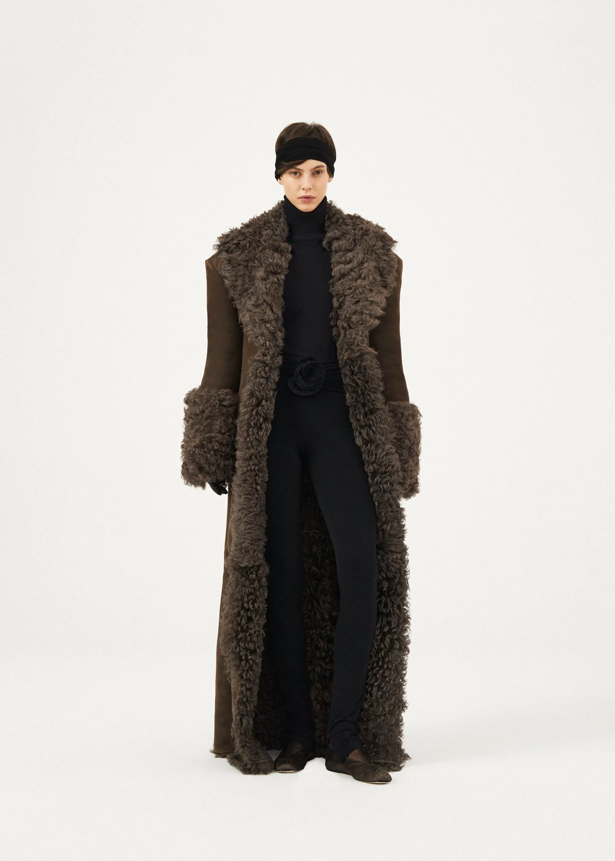 Long belted suede shearling coat in brown