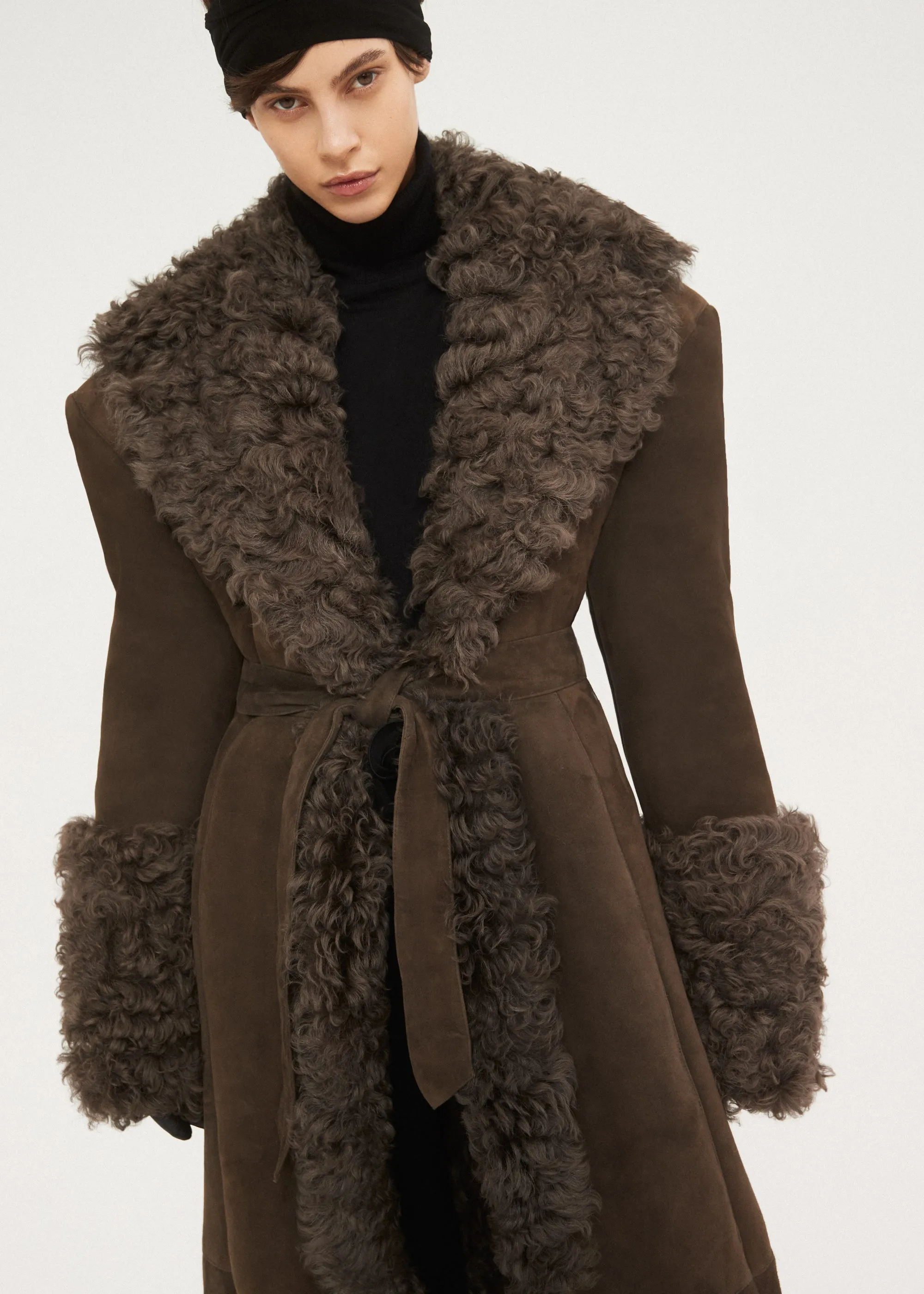 Long belted suede shearling coat in brown