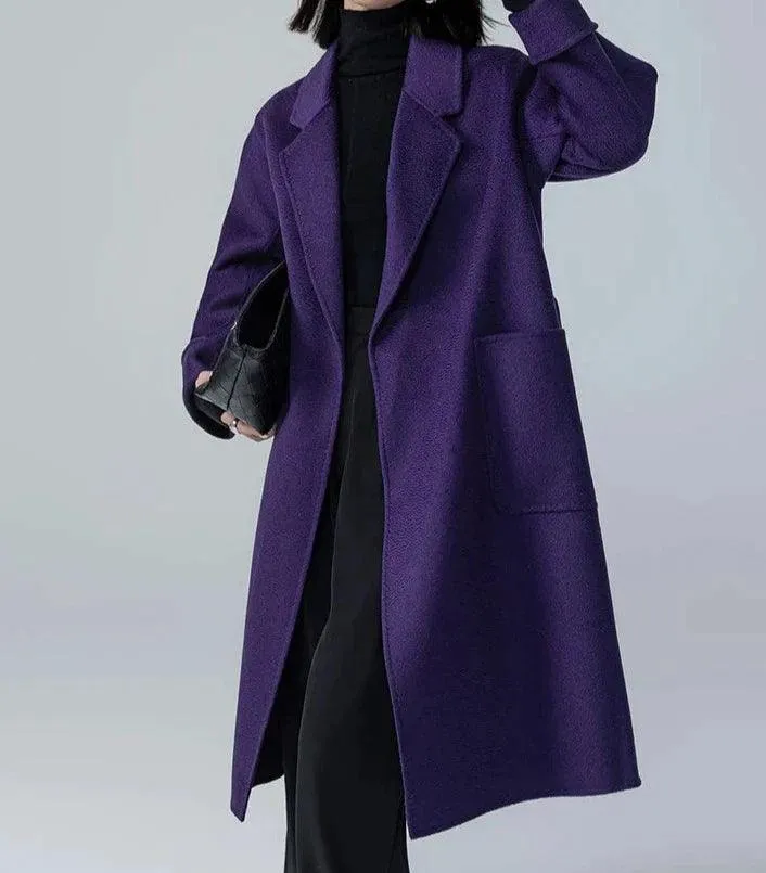 Luxurious Long Length 100% Australian Wool Coat with Turn-Down Collar