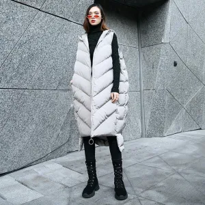 Luxury gray down jacket casual hooded zippered quilted coat women Sleeveless outwear