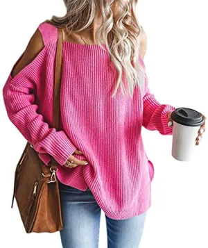 MaQiYa Women's Cold Shoulder Oversized Sweaters Batwing Long Sleeve Square Neck Chunky Knit Fall Tunic Sweater Tops Pink