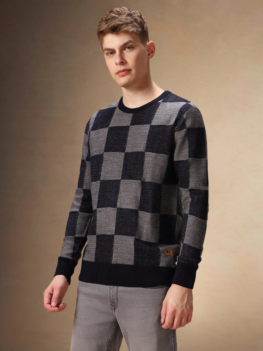 Men's Grey Crew Neck Checkered Pullover Sweater