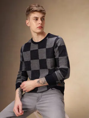 Men's Grey Crew Neck Checkered Pullover Sweater