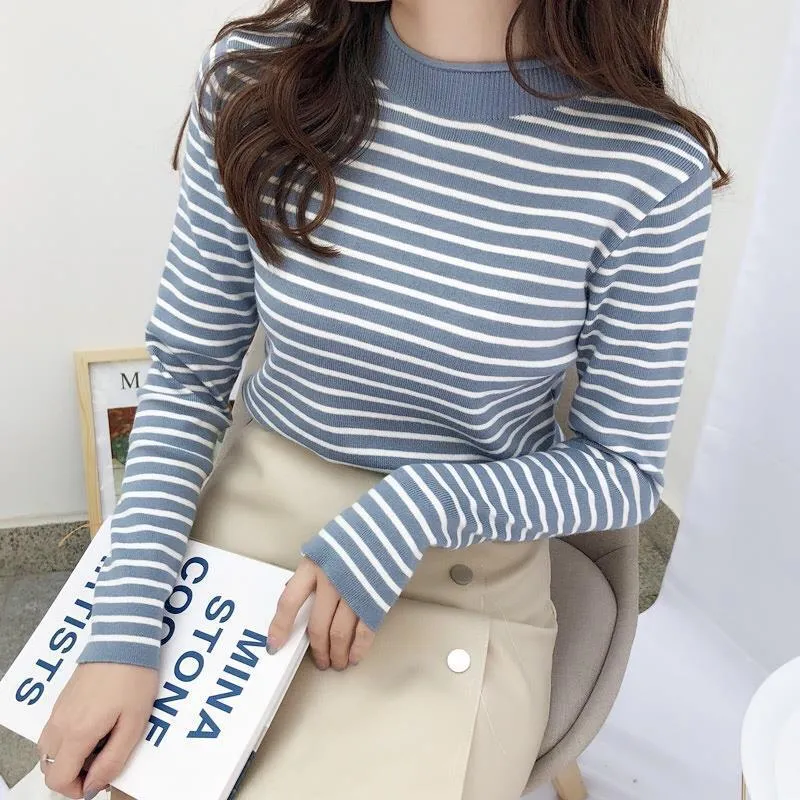 METAVERSMALL Autumn and winter new striped loose and versatile long-sleeved top knitted sweater 2023 temperament warm inner bottoming sweater