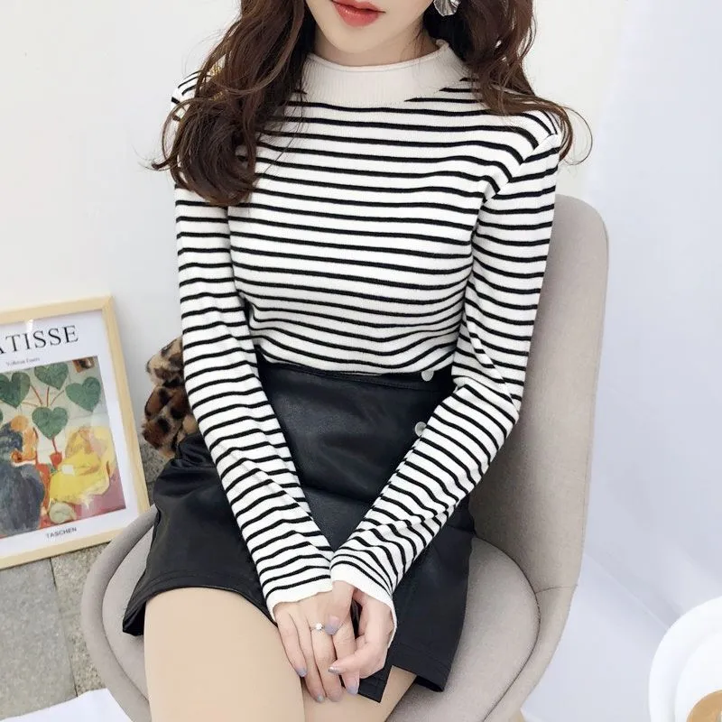 METAVERSMALL Autumn and winter new striped loose and versatile long-sleeved top knitted sweater 2023 temperament warm inner bottoming sweater