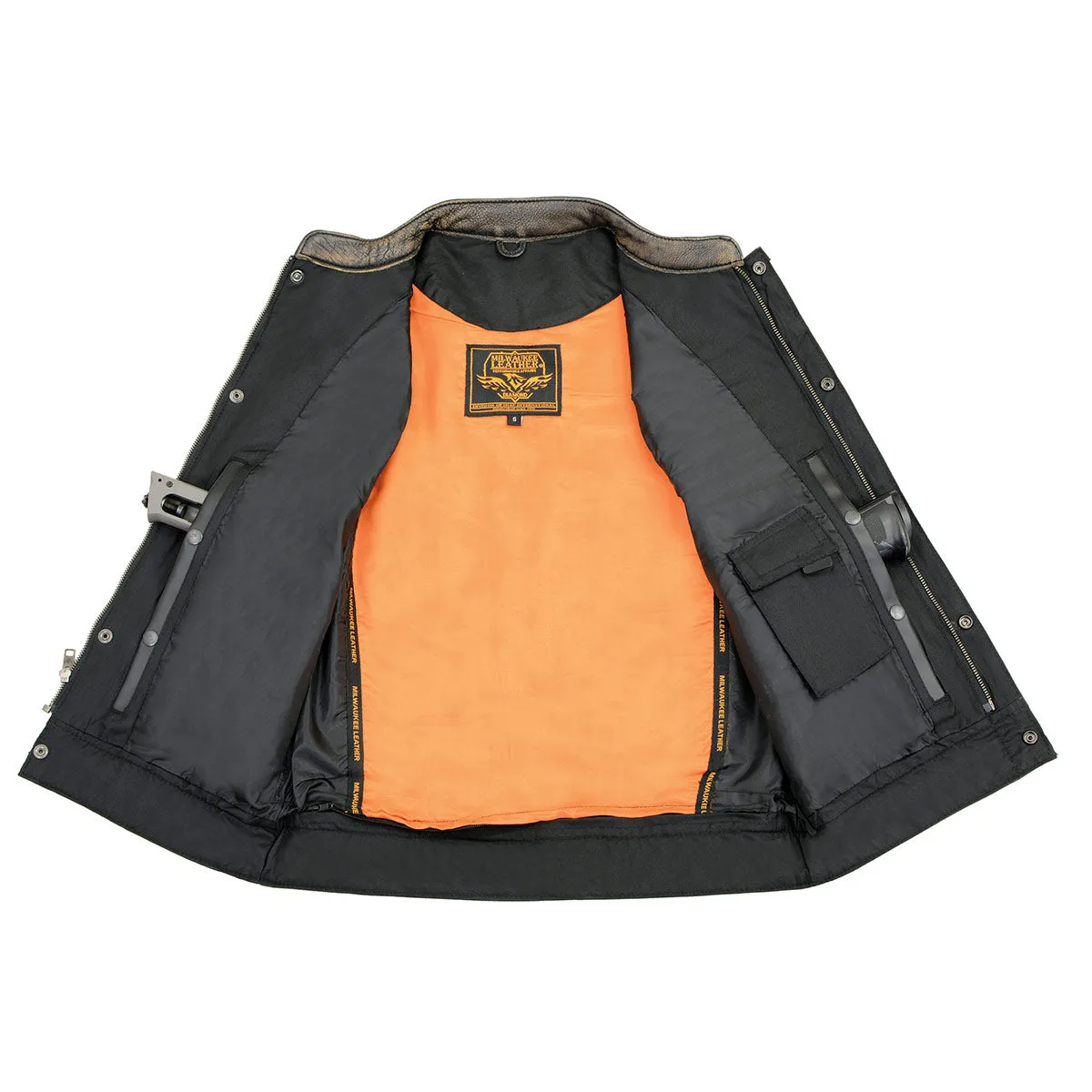 Milwaukee Leather MLM3510 Men's Black/Beige Premium Leather Club Style Vest - Dual Closure Open Neck Motorcycle Vest