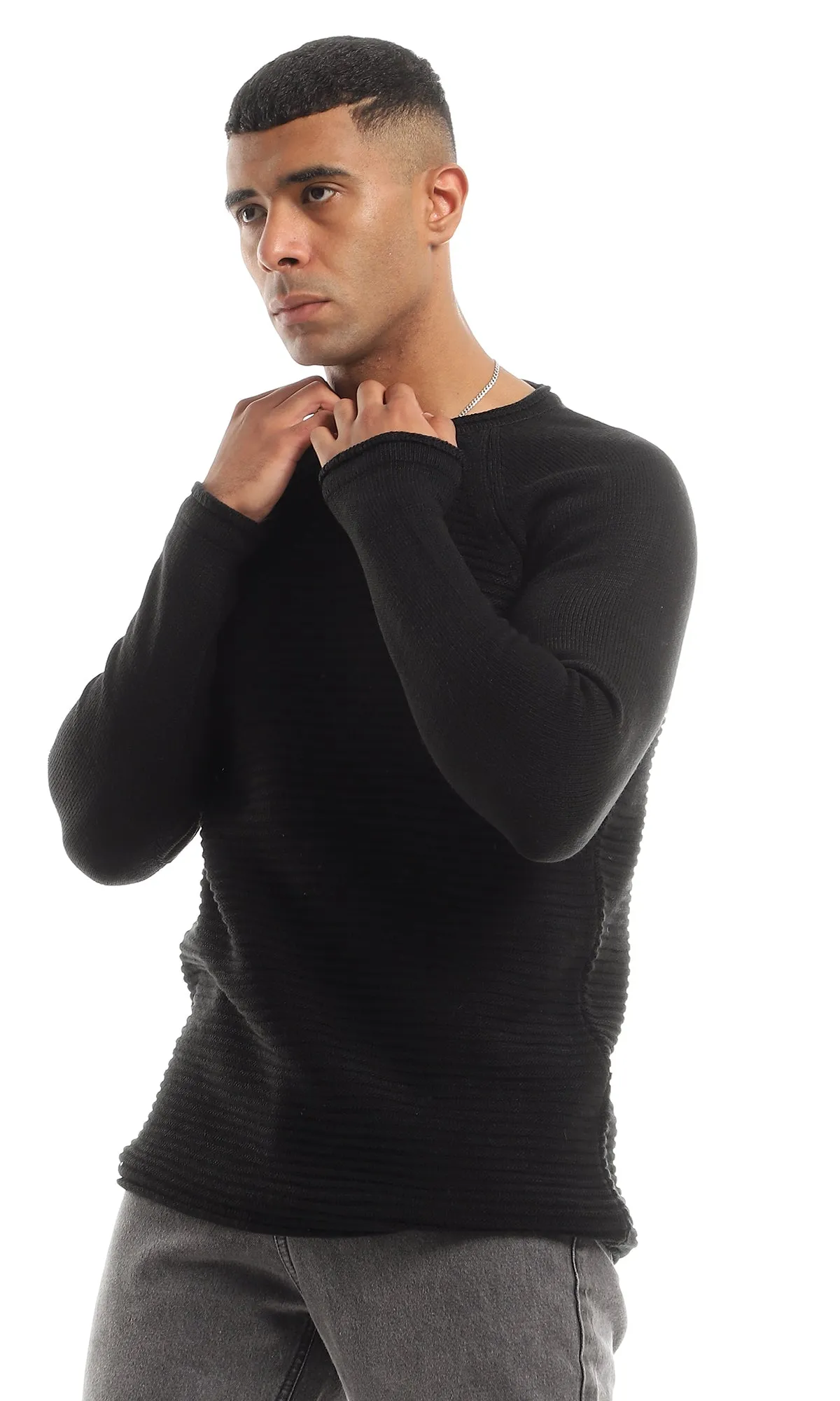 O154325 Black Round Neck Self-Ribbed Slip On Pullover