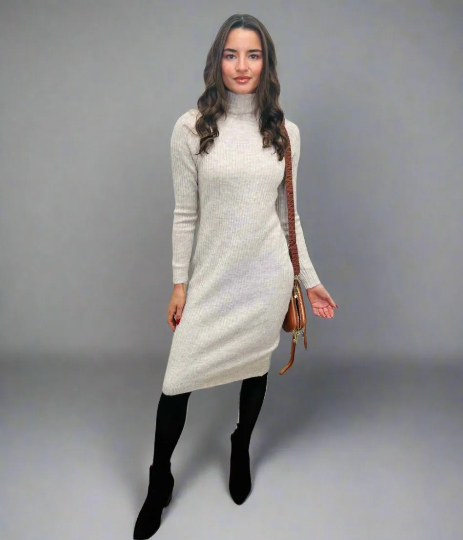 Oatmeal Ribbed Knitted Funnel Neck Dress